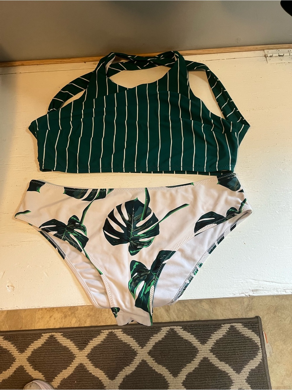 Cupshe Green Striped Halter Bikini Top with White Tropical Leaf Bottom
